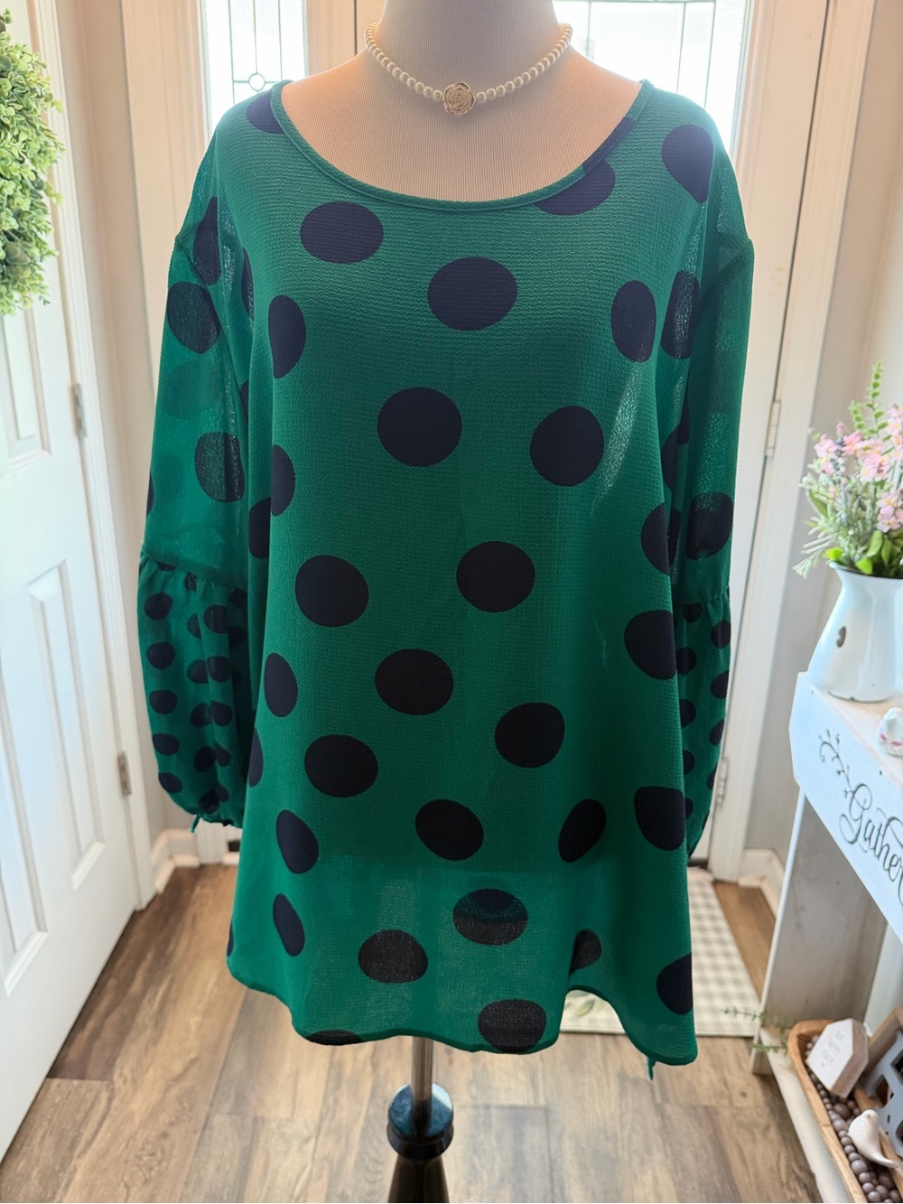 Cato Emerald Green Blouse with Black Polka Dots